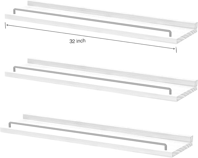 32 inches Long Floating Shelves, Bathroom Decor Shelves Over Toilet, Farmhouse Wall Shelves for Living Room, Bedroom, Picture Frames, Plants, Kitchen, Set of 3 (White and Grey)