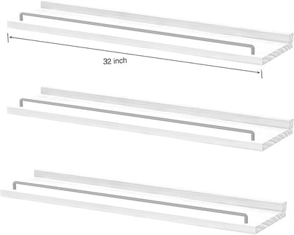 32 inches Long Floating Shelves, Bathroom Decor Shelves Over Toilet, Farmhouse Wall Shelves for Living Room, Bedroom, Picture Frames, Plants, Kitchen, Set of 3 (White and Grey)
