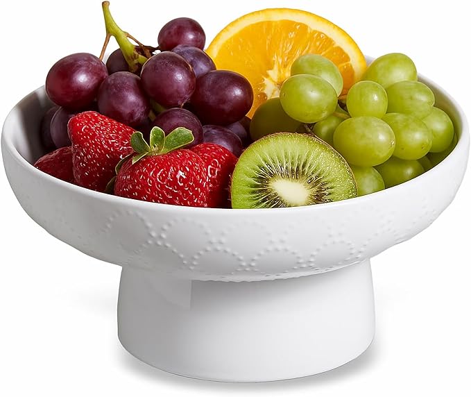ONEMORE Ceramic Fruit Bowl, 10" Large White Removable Pedestal Bowl for Kitchen Counter, Modern Footed Fruit Bowl with Draining Holes, Decorative Fruit Bowls for Vegetables, Snacks, Candies
