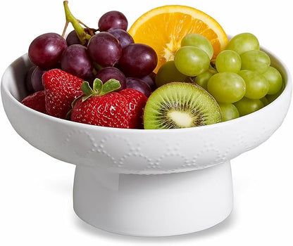 ONEMORE Ceramic Fruit Bowl, 10" Large White Removable Pedestal Bowl for Kitchen Counter, Modern Footed Fruit Bowl with Draining Holes, Decorative Fruit Bowls for Vegetables, Snacks, Candies