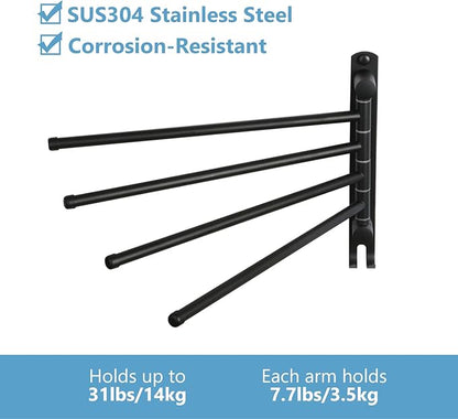 Black Towel Rack JSVER Swivel Towel Rack Wall Mounted, SUS304 Stainless Steel Towel Bar, 4 Arms Space Saving Towel Holder, Towel Racks for Bathroom