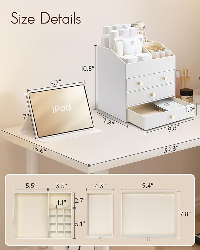 Vlando Makeup Organizer Countertop,Large Vanity Organizer PU Leather Make up Storage with 4 Drawers Skin care Organizer Cosmetic Display Case for Lipstick,Brushes,Bedroom-White
