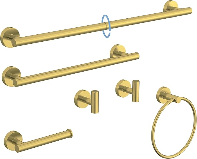 Brushed Gold Bathroom Accessories Set, SUS304 Stainless Steel 6 Pieces Bathroom Hardware Set, 16&26 Inch Bath Towel Bar Set, 2 Towel Hooks, Toilet Paper Holder, Towel Racks for Bathroom Wall Mounted