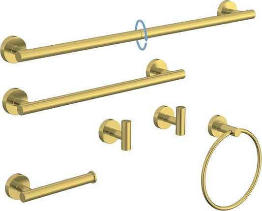 Brushed Gold Bathroom Accessories Set, SUS304 Stainless Steel 6 Pieces Bathroom Hardware Set, 16&26 Inch Bath Towel Bar Set, 2 Towel Hooks, Toilet Paper Holder, Towel Racks for Bathroom Wall Mounted