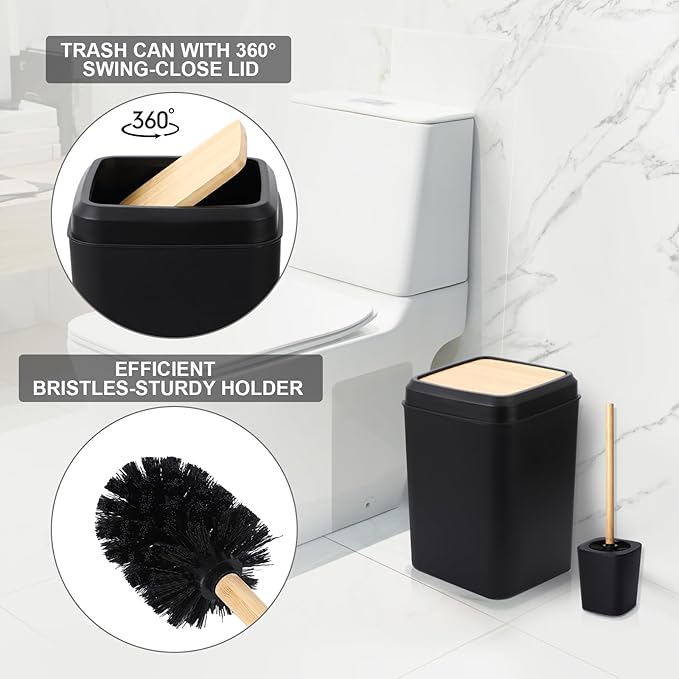 34PCS Black Bathroom Accessories Sets Complete, with Shower Curtain, Rugs, Trash Can and Toilet Brush, 3PCS 17oz Soap Dispenser Wall Mounted, Toothbrush Holder and Cup, Soap Dish, Qtip Holder