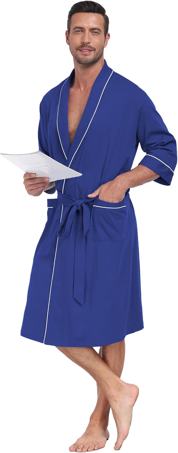 CF Men's Robe Cotton Bathrobe Soft Short Sleeve Bath Robes Shower Robe for Spa Soft Kimono Lightweight Sleepwear with Pockets