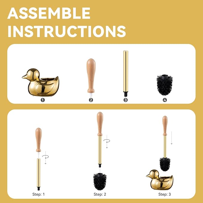 Duck Toilet Brush and Holder Set - Ceramic Bathroom Toilet Scrubber Brush Organizer with Wooden & Stainless SteelHandle, Gold Toilet Brush & Cute Duck Design for Bath Decor Storage
