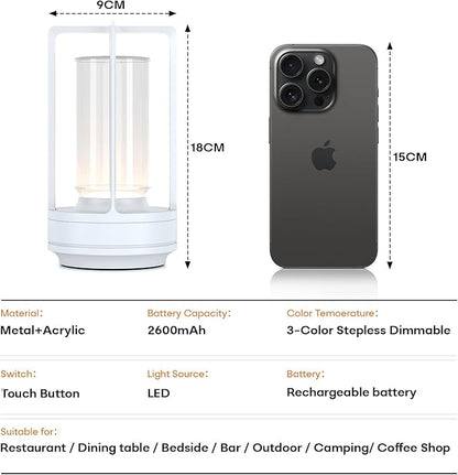 Portable Metal Table Lamp for Indoor/Outdoor ,Rechargeable Cordless LED Lamp, 3-Colour Infinitely Dimming Battery Powered Small Desk Lamp, Restaurant/Bedroom/Bar/Coffee/Camping Light (White Set of 2)