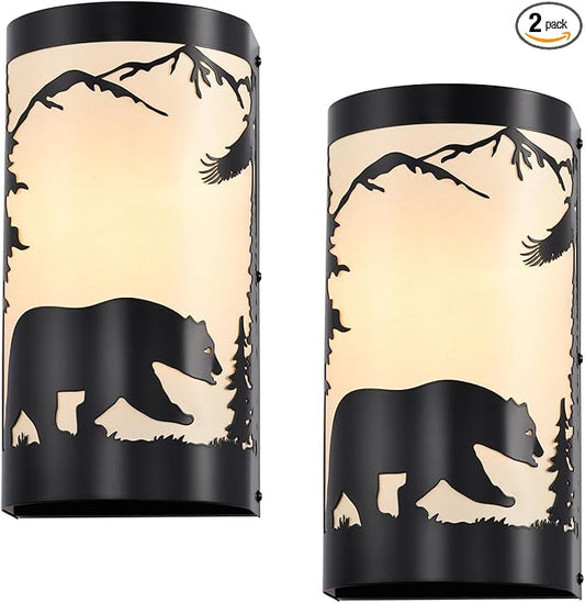 Wall Sconce Light,Bear Metal Cream Parchment Farmhouse Wall Sconces Set of Two,Rustic Black Matte Hallway Sconces Wall Lighting,Vintage Wall Mount Lamp,Wall Lights for Living Room,Bedroom