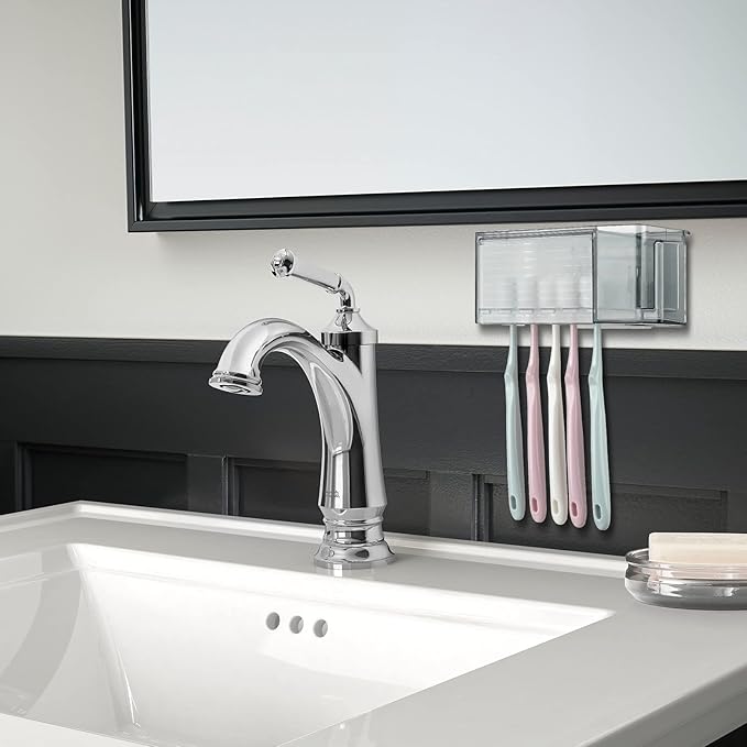 5 Slots Wall Mount Toothbrush Holder with Cover, Self Adhesive Toothbrush Storage Organizer for Shower, Toothpaste & Toothbrush Hanger for Bathroom, Medicine Cabinet, Dorm (Gray)