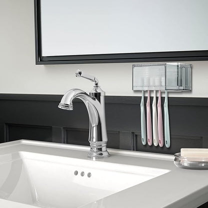 5 Slots Wall Mount Toothbrush Holder with Cover, Self Adhesive Toothbrush Storage Organizer for Shower, Toothpaste & Toothbrush Hanger for Bathroom, Medicine Cabinet, Dorm (Gray)