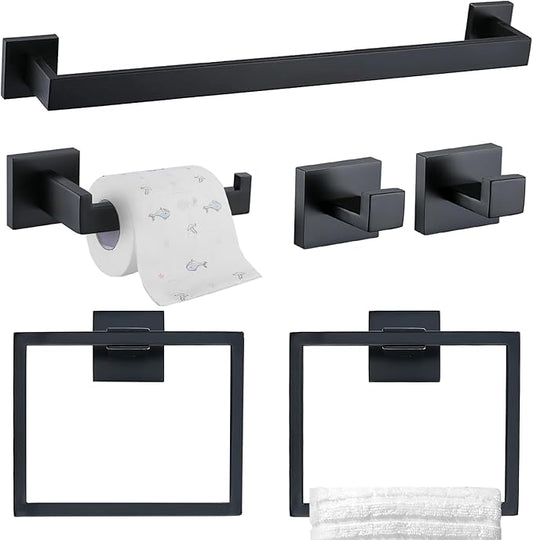 TQKAG 6-Piece Bathroom Towel Bar Sets Matte Black 23.6 inch Towel Bar Stainless Steel Towel Ring Coat Hook and Toilet Paper Holder Bathroom Hardware Set Wall Mounted Bathroom Accessories Kit