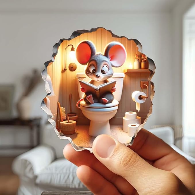 3D Mouse Sitting on Toilet - Mousehole Wall Sticker Decal - Removable Bathroom Decor - Kids Room - Peel & Stick - Whimsical Home Decor - MICESTERPIECE