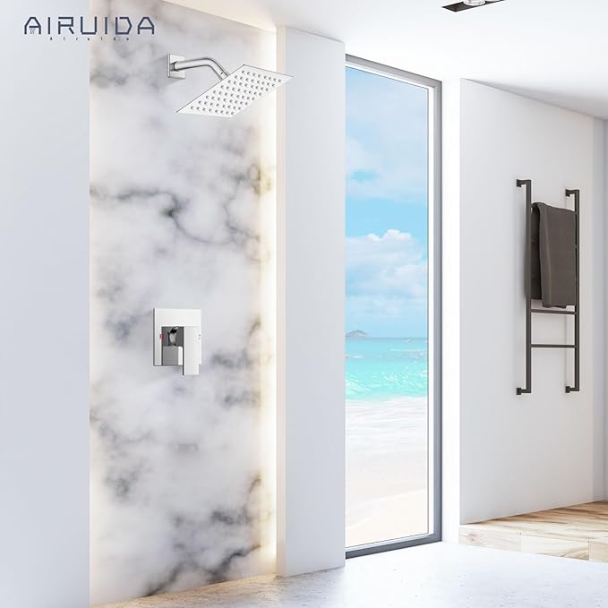 Airuida Shower Faucet Set Bathroom Rain Shower System SUS304 Stainless Steel Single Handle With Male Threads Rough-in Valve Shower Trim Kit 6 Inch Wall Mount Shower Head Chrome Polish