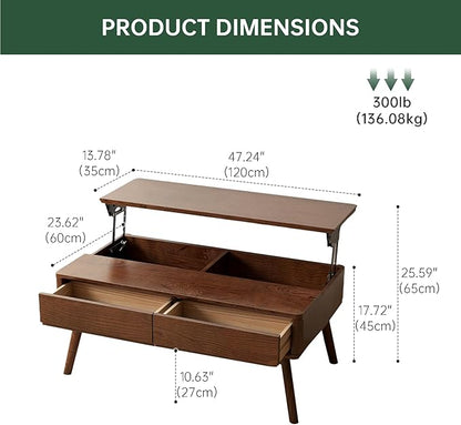100% Solid Wood Lift Top Coffee Table for Living Room, Mid Century Modern Tables with Drawers and Large Storage, Oak Wood Coffee Tables for Small Spaces (Oak Walnut Color, 47.24"W x 23.62"D x 25.59"H)