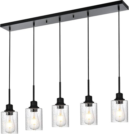 Black Chandelier 5 Light Dining Room Lighting Fixtures Hanging Linear Pendant Lights Industrial Modern Chandelier with Seeded Glass for Kitchen Island Living Room Bedroom Foyer Hall Entryway