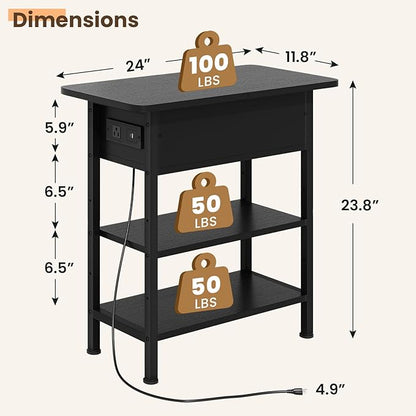 End Table with Charging Station, Flip Top Side Table with USB Ports and Outlets, 3-Tier Small Side Table with Storage for Small Space, End Tables for Living Room/Bedroom, Black