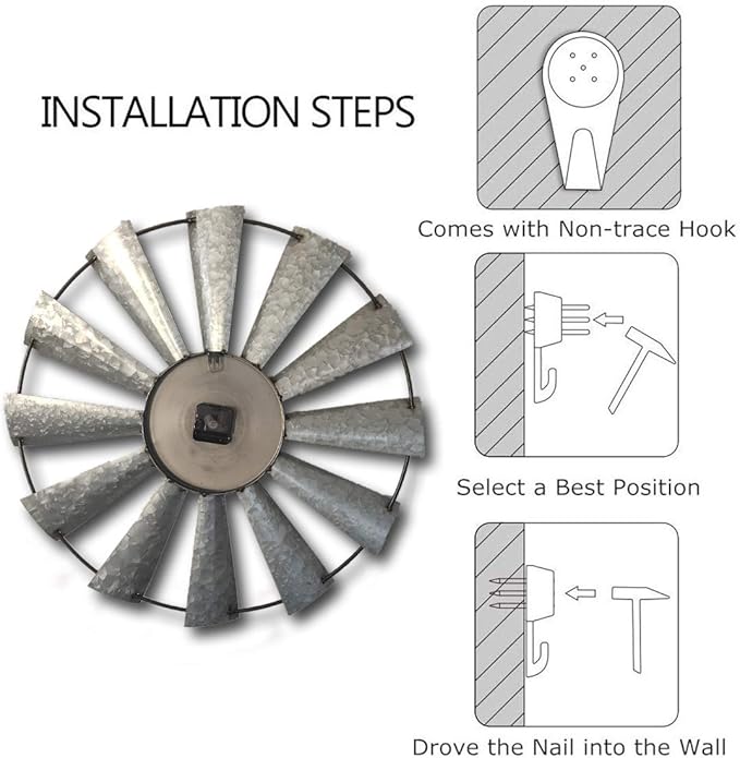 Mrocioa 30inch Windmill Distressed Metal Wall Clocks Rustic Large Decorative Clock Oversized Farmhouse Decor,Non Ticking,Battery Operated