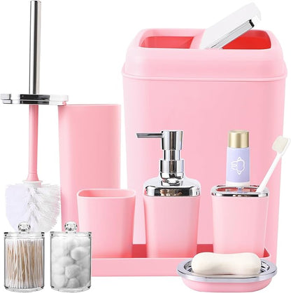Pink Bathroom Accessory Set, Plastic Bathroom Set with Tray, Soap Dispenser, Toothbrush Holder, Toothbrush Cup, Soap Dish, Toilet Brush, Trash Can and Q-tip Holders for Bathroom/Housewarming