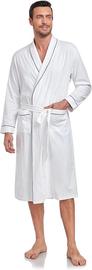 COLORFULLEAF Mens 100% Cotton Robes Lightweight Summer Long Bathrobe Sleepwear Soft Knit Spa Robe with Pockets