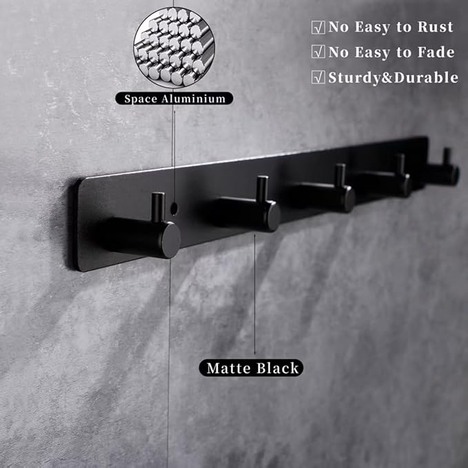 Black 6 Wall Hooks, Matte Black Bathroom Hook Rail, Self Adhesive Key Hook Rack Hanger Towel Robe Stick Hooks for Toilet Entryway Hallway Kitchen Wall Mounted