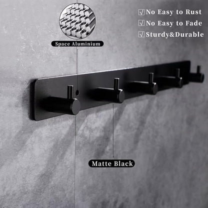Black 6 Wall Hooks, Matte Black Bathroom Hook Rail, Self Adhesive Key Hook Rack Hanger Towel Robe Stick Hooks for Toilet Entryway Hallway Kitchen Wall Mounted