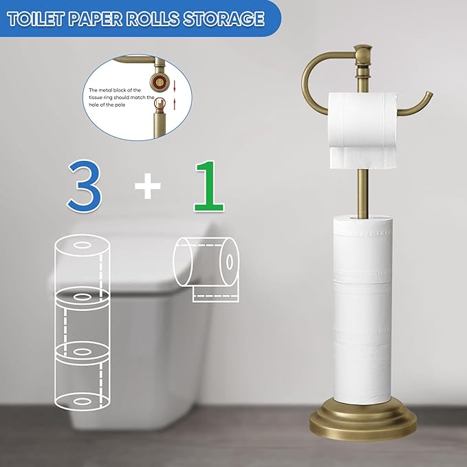 RUMOSE Toilet Paper Holder Stand for Floor,Antique Brass Adjustable (12.4" to 22.8") Bathroom Toilet Tissue Holder, Free Standing Paper Roll Holder with Storage, Stainless Steel