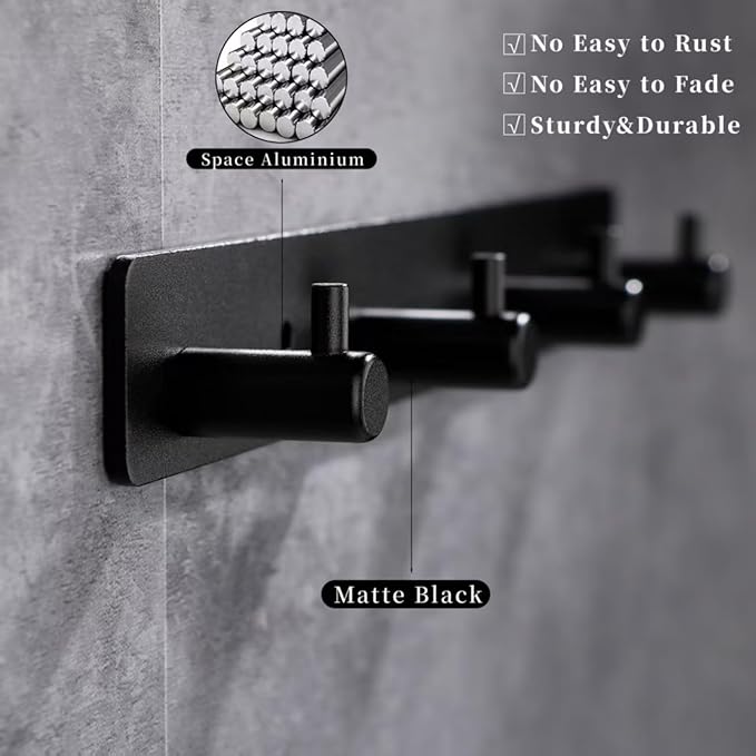 Black 4 Wall Hooks, Matte Black Bathroom Hook Rail, Self Adhesive Key Hook Rack Hanger Towel Robe Stick Hooks for Toilet Entryway Hallway Kitchen Wall Mounted