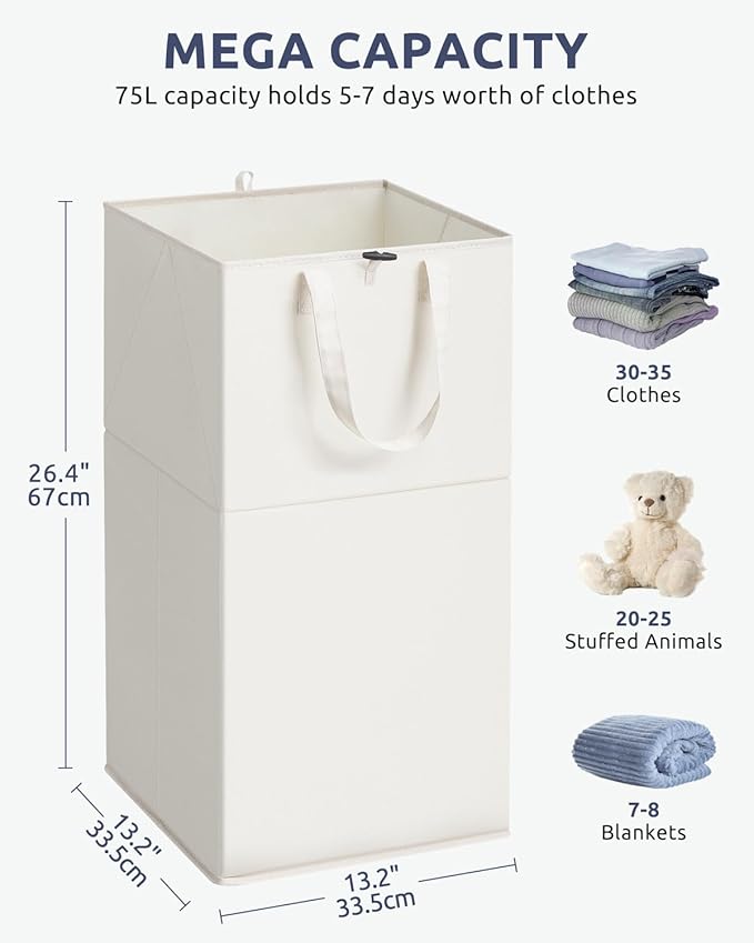 SOLEDI Freestanding Strong Transformable Laundry Hamper, Dual-Function Design, Large Collapsible Laundry Basket with Extended Handles, Easy to Carry, Clothes hamper for laundry（75L,Beige）