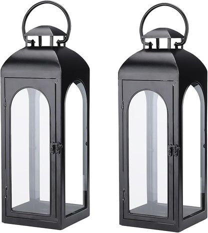 Bdor 2 Pack Large Luxury Lantern Decorative Tall 20 Inches Black Metal Hurricane Lanterns with Tempered Glass Panels for Front Porch,Tabletop, Mantle, Wall Hanging, or Garden, Indoor & Outdoor Décor