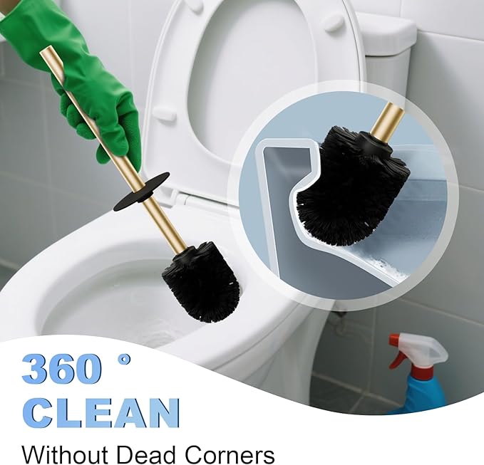 Toilet Brush and Holder Set, NEWRAIN Stainless Steel Toilet Brush with Long Brush Handle, Brushed Gold Toilet Scrubber and Covered Holder, Square Design Sturdy and Space Saving, Covered Brush