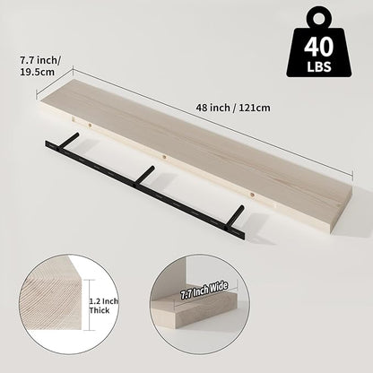 SAUMONIERES Floating Shelves 8 Inch Deep Solid Wood Wide Wall Shelf Set of 1 Wall Mounted for Bedroom Bathroom Living Room Kitchen, 48 Inch Natural