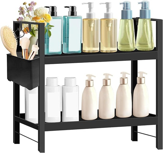 Bathroom Counter Organizer with Basket & Hooks, 2 Tier Bathroom Organizers and Storage for Perfume, Cologne or Spice, Black Countertop Organizer for Vanity, Kitchen, Office or Under Sinks