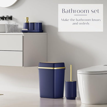 9PCS Bathroom Accessory Set, Navy Blue Bathroom Set with Large-Capacity 4 Gallon Trash Can, Bathroom Accessories Set Complete Toothbrush Holder, Soap Dispenser, Toilet Brush, Bathroom Decor