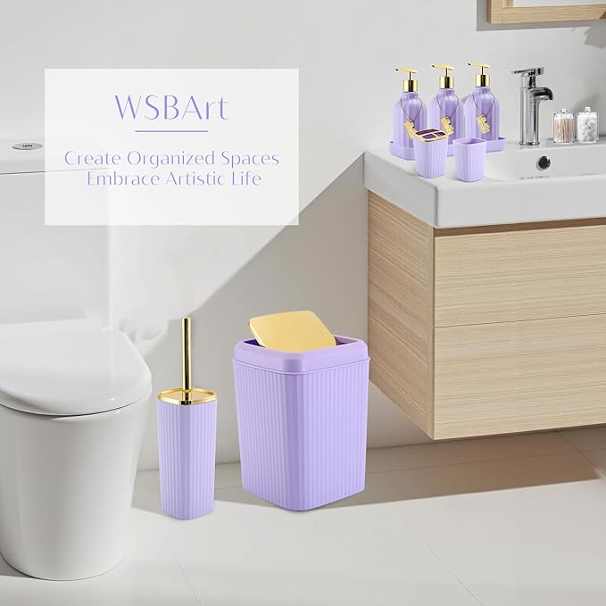 17PCS Bathroom Accessory Set Bathroom Set Purple Bathroom Accessories,Toilet Brush, Trash Can, Qtip Holder Dispenser& 3PCS Soap Dispenser
