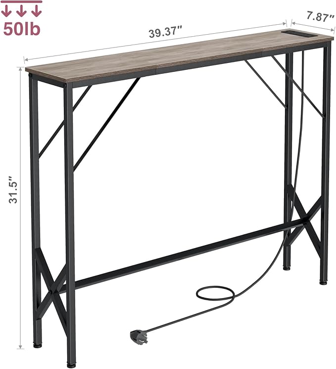 Console Table, Skinny Entryway Table with Fast-Charging Station, Narrow Long Sofa Table, Behind Slim Couch Table for Entrance, Hallway, Living Room Decor ST-GY100-1