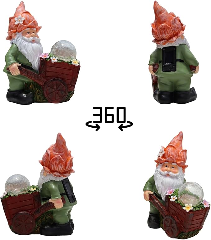 Solar Garden Gnome Statue with Crackle Glass Globe Lights, Waterproof Outdoor Decor for Patio, Lawn, or Yard, Whimsical Housewarming Gift(Green Gnomes)