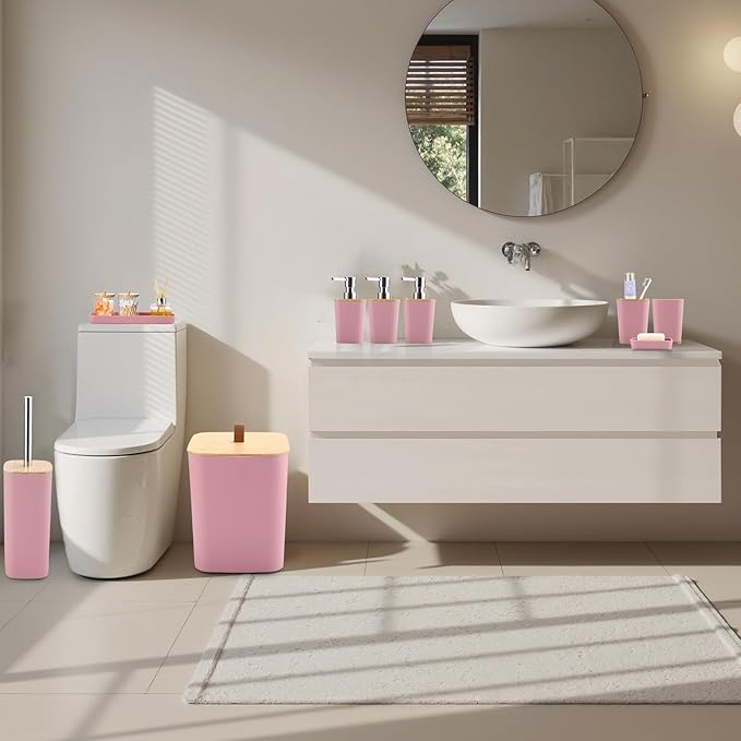Pink Bathroom Accessories, Bathroom Accessories Set with Trash Can, Soap Dispenser, Toothbrush Holder, Toothbrush Cup, Soap Dish, Toilet Brush, Tray and Q-tip Holders for Housewarming