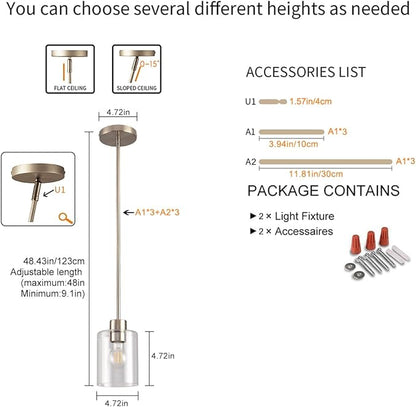 Brushed Nickel Pendant Lights,Modern Farmhouse Pendant Light,Light Fixture Kitchen Pendant Mini Hanging Light for Sink Island,Adjustable Height,Home Décor Lighting (Brushed Nickel 2 pack Stem Rod)