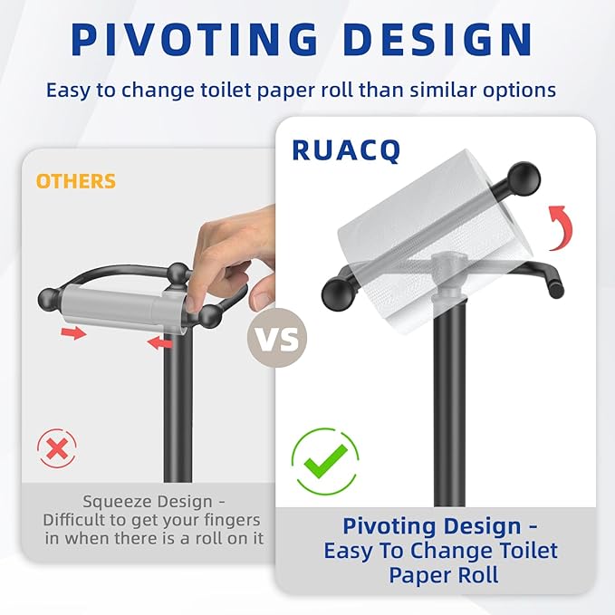 RUACQ Toilet Paper Holder Stand, Bathroom Toilet Paper roll Holder Free Standing with Storage for 4 Rolls, Post Pivoting Design, Stable Weighted Base, SUS304 Stainless Steel (Matte Black)