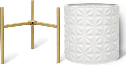 ARNIS Modern Planter Pots, Set of 2 Large Planters with Stand, Decorative Planters, Metal Pots with Drainage Holes for Living Room, Office, Garden or Balcony, 10.5 &12.25 Inch, Matte White