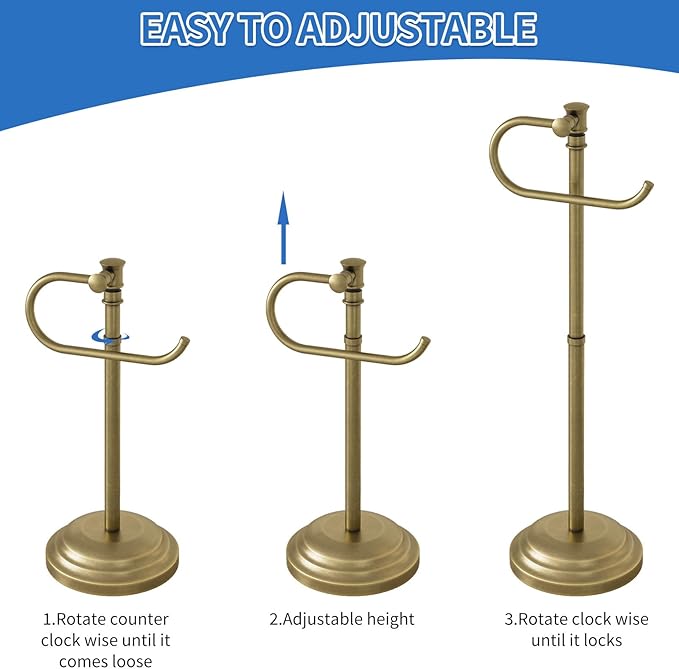 RUMOSE Toilet Paper Holder Stand for Floor,Antique Brass Adjustable (12.4" to 22.8") Bathroom Toilet Tissue Holder, Free Standing Paper Roll Holder with Storage, Stainless Steel