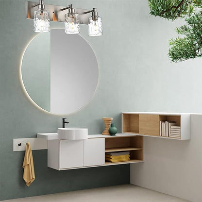 BONLICHT Bathroom Vanity Light Fixtures 3 Lights Modern Wall Sconce Brushed Nickel with Metal Base and Hammered Glass Shade, Industrial Farmhouse Bath Wall Lights for Hallway Kitchen Bedroom