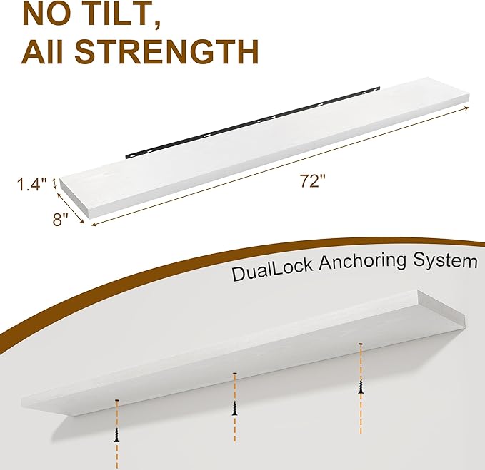 72 Inch Floating Shelves for Wall, 8 Inch Deep Floating Shelf, Large Shelves with Invisible Bracket for Books|Storage, Rustic Wood Wall Shelf for Bedroom, Kitchen, Living Room, White