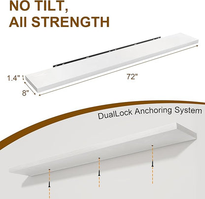 72 Inch Floating Shelves for Wall, 8 Inch Deep Floating Shelf, Large Shelves with Invisible Bracket for Books|Storage, Rustic Wood Wall Shelf for Bedroom, Kitchen, Living Room, White