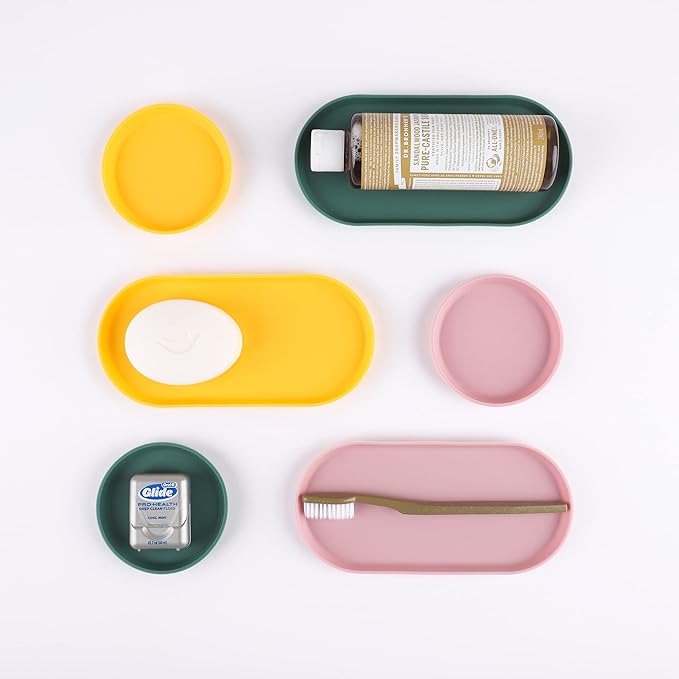 Blue Ginkgo Mini Silicone Trays – Set of 6 Easy-Clean Organizers for Bathroom, Kitchen, Desk, Vanity, and Cosmetics (Green, Yellow, Pink)