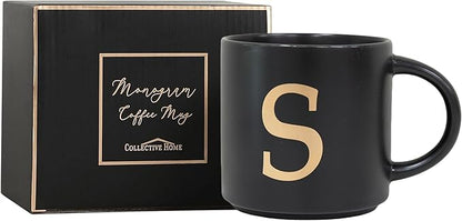COLLECTIVE HOME - Monogram Ceramic Mugs, 15 oz Golden Initial Black Coffee Cups, Elegant Alphabet Tea Mugs, Elegant Personalized Mug with Gift Box, Unique Mug with Double Side Capital Lette (S)