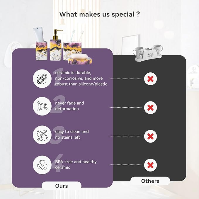 4 Piece Bathroom Accessories Set - Purple Bathroom Accessory Sets Includes Lotion Dispenser, Toothbrush Holder Tumbler, and Soap Dish - Glossy Finish (Marble, Purple)