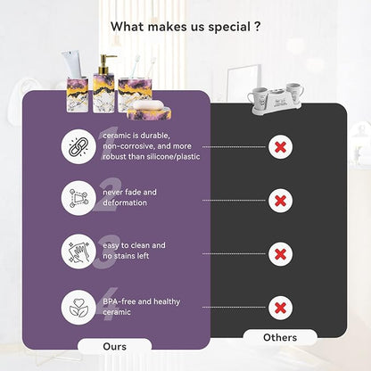 4 Piece Bathroom Accessories Set - Purple Bathroom Accessory Sets Includes Lotion Dispenser, Toothbrush Holder Tumbler, and Soap Dish - Glossy Finish (Marble, Purple)