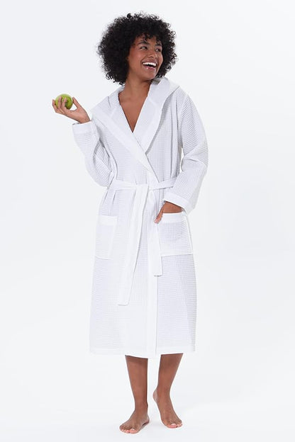 Women’s Luxury Waffle Shawl Collar, Hooded Robe w Piping – Lightweight, Long, Ultra Soft Spa Sleepwear Bathrobe